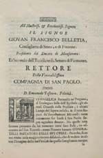 Incipit della dedica a Giovan Francesco Bellezia, dall'edizione Sinibaldo - 1657